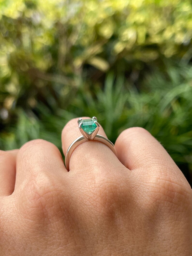 1.74ct Asscher Cut Vivid Green Emerald Solitaire Prong Ring in Platinum - JR Colombian Emeralds