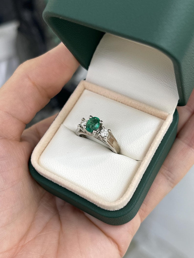 1.50tcw 14K White Gold Oval Emerald & Diamond Three Stone Right Hand Ring - JR Colombian Emeralds