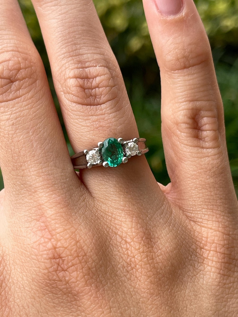 1.50tcw 14K White Gold Oval Emerald & Diamond Three Stone Right Hand Ring - JR Colombian Emeralds