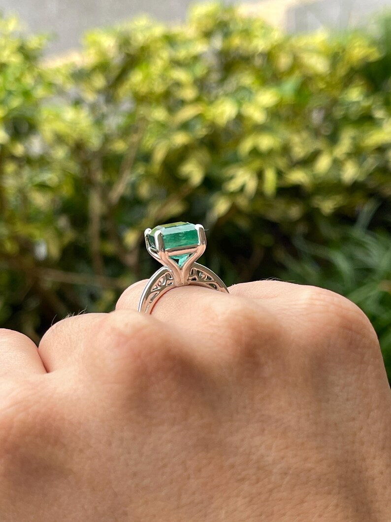 9.16ct Massive Deep Green Emerald Cathedral Sculpted Solitaire Ring 14K White Gold