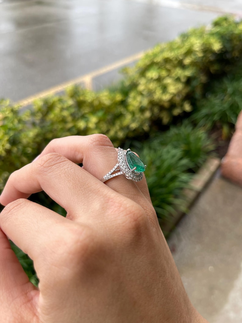 8.70tcw Pear Cut Emerald & Double Diamond Halo Engagement Ring in 18K Gold - JR Colombian Emeralds