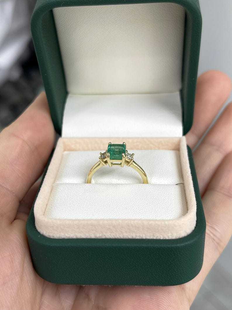 1.08tcw 14K Emerald Cut & Diamond Three Stone May Birthstone Ring - JR Colombian Emeralds