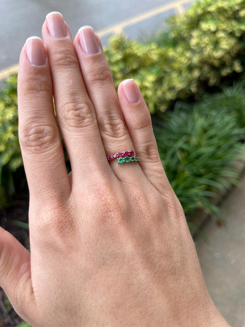 0.95tcw 14K Gold Bypass Ring with Natural Emerald & Ruby Petite Stacking Ring - JR Colombian Emeralds
