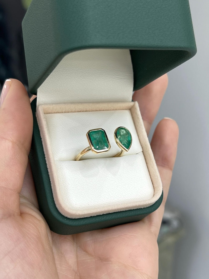 Stunning 3.23tcw Pear Cut Emerald Ring in 14K Two-Stone Bezel Setting