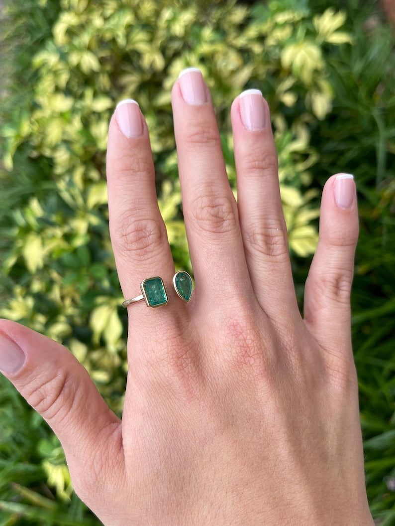 3.23tcw Two Stone Emerald Pear Cut Toi Et Moi Bezel Set Ring 14K - JR Colombian Emeralds