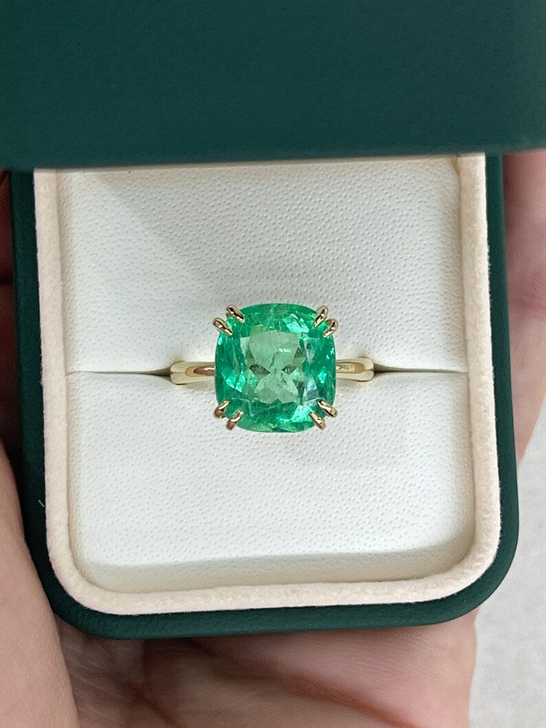 7.14ct 14K Big Cushion Colombian Emerald Double Prong Solitaire Anniversary Ring - JR Colombian Emeralds