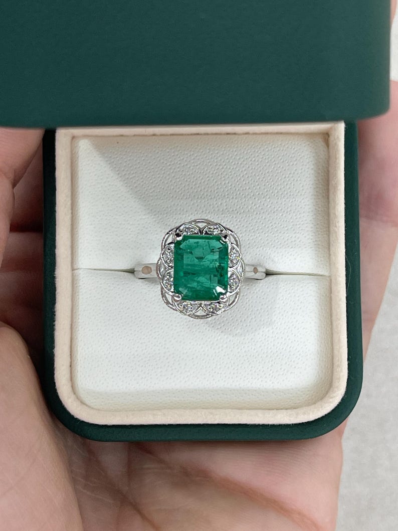 3.60tcw 14K Green Emerald & Diamond Floral Engagement Ring in White Gold - JR Colombian Emeralds