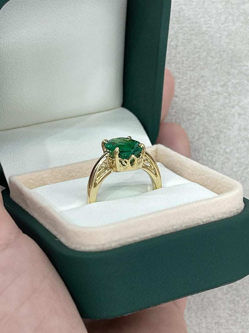 3.93ct 14K Dark Green Oval Emerald Ring with Scroll Detail - JR Colombian Emeralds