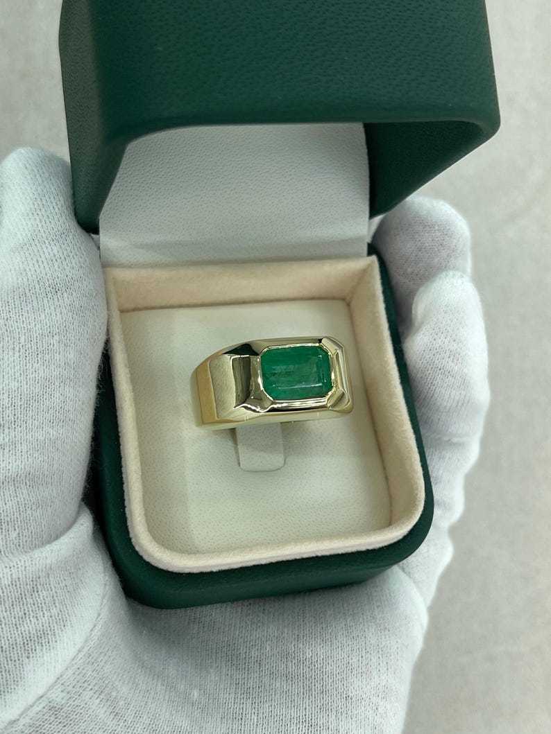4.40ct Dark Green Emerald Heavy Men's Solitaire Bezel Class Ring 14K Gold - JR Colombian Emeralds