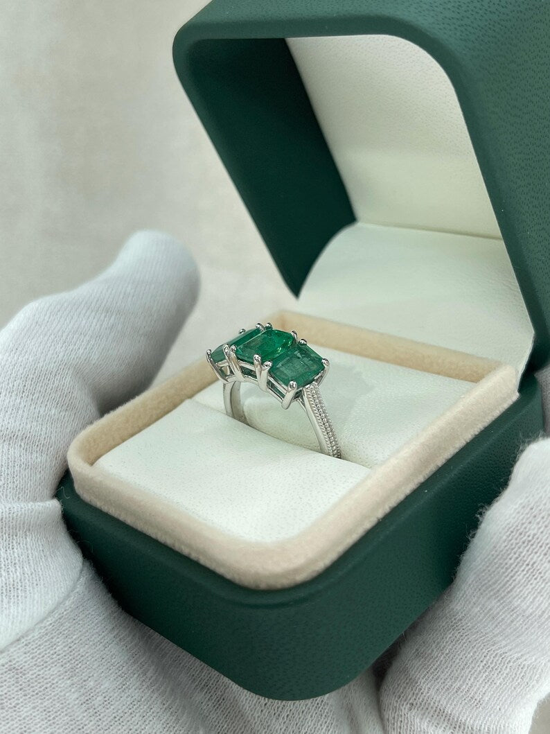 3.25tcw Medium Dark Green Emerald Trilogy Stone Ring 14K White Gold - JR Colombian Emeralds