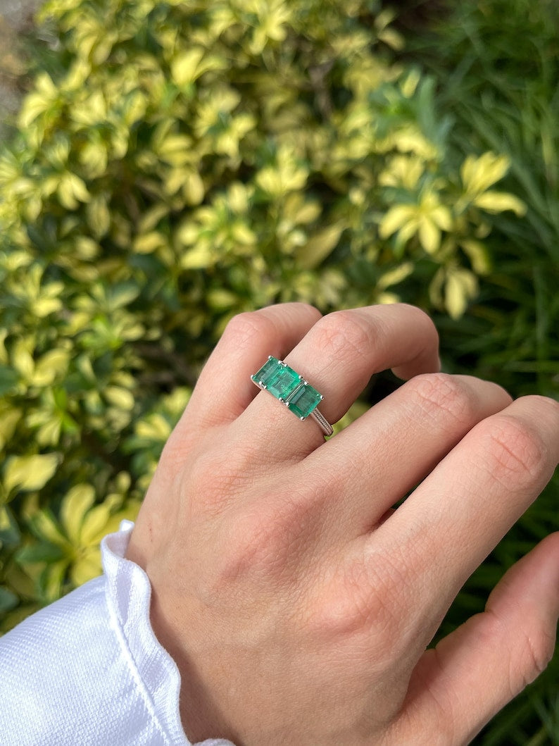 3.25tcw 14K White Gold Ring with Dark Green Emerald Trilogy Stones