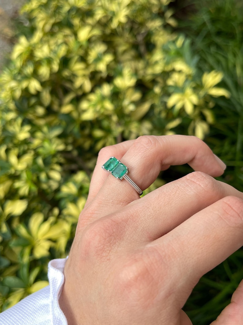 3.25tcw Medium Dark Green Emerald Trilogy Stone Ring 14K White Gold - JR Colombian Emeralds