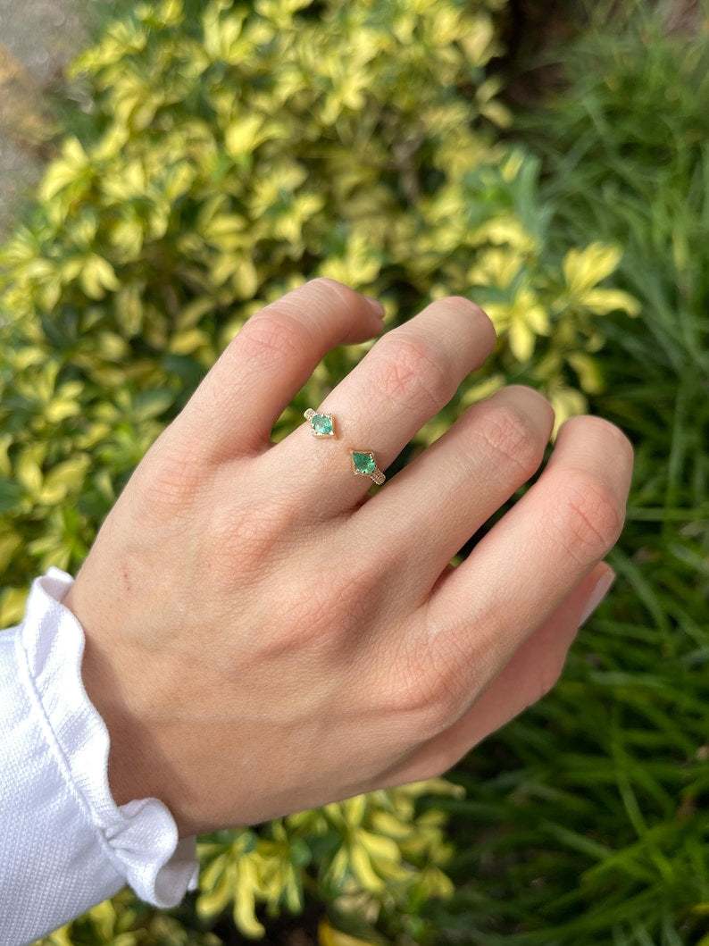 0.47tcw 14K Pear Cut Green & Diamond Stacking Ring - JR Colombian Emeralds