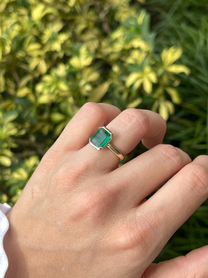 3.50ct Vivid Green Emerald Solitaire Engagement Open Back Basket Ring 14K - JR Colombian Emeralds