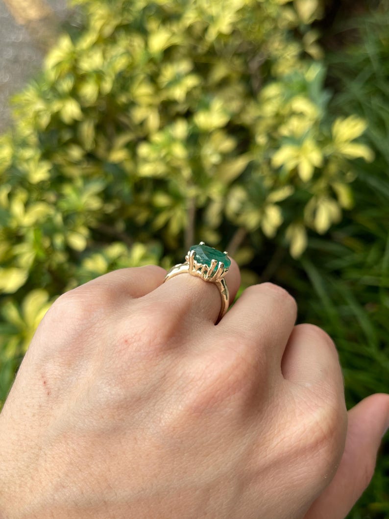 4.04ct 14K Dark Green Oval Cut Gold Organic Nugget Solitaire Ring - JR Colombian Emeralds