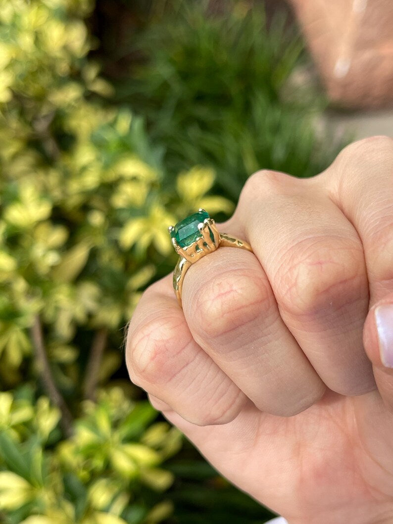 4.48ct 14K Dark Green Asscher Cut Emerald Gold Nugget Organic Solitaire Ring - JR Colombian Emeralds