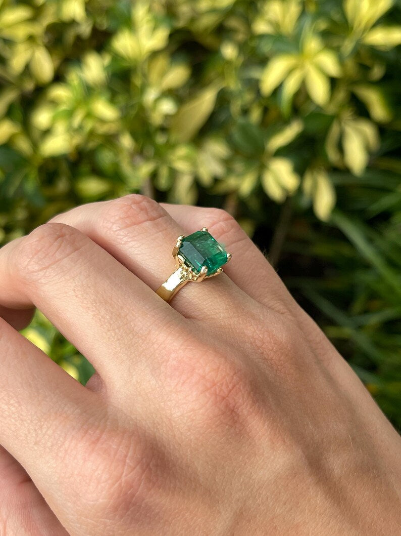 4.48ct 14K Dark Green Asscher Cut Emerald Gold Nugget Organic Solitaire Ring - JR Colombian Emeralds