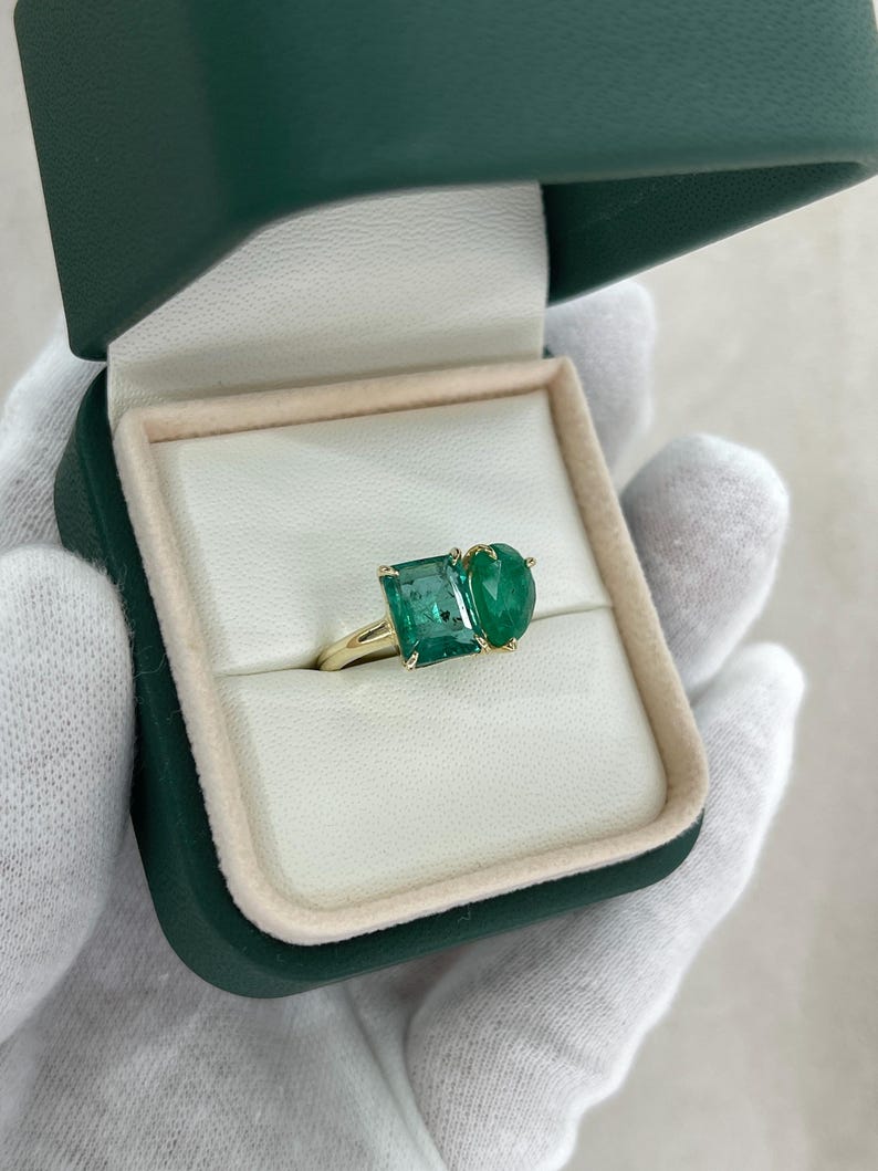 3.33tcw 14K Emerald Pear Cut Two-Stone Toi et Moi Ring - Emerald Stacking - JR Colombian Emeralds