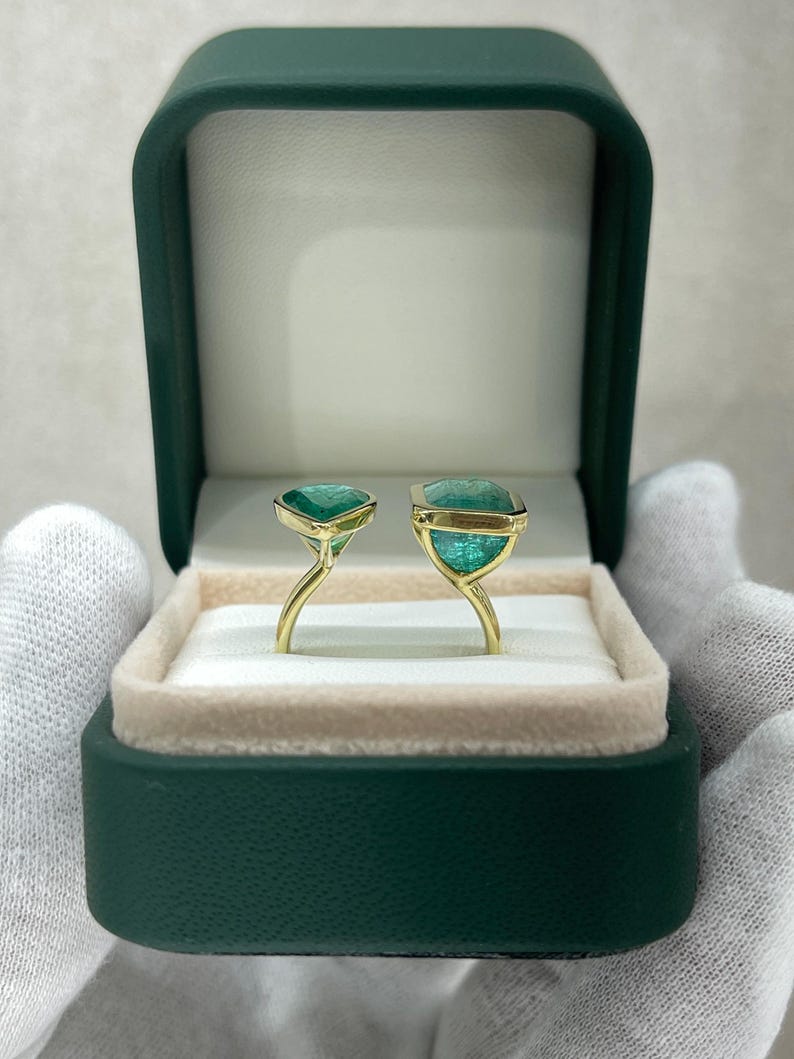 8.43TCW 18K Gold Toi Et Moi Ring - Dark Green Emerald Pear Cut - JR Colombian Emeralds