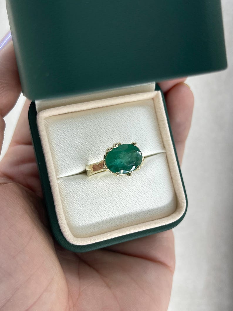 4.04ct 14K Dark Green Oval Cut Gold Organic Nugget Solitaire Ring - JR Colombian Emeralds