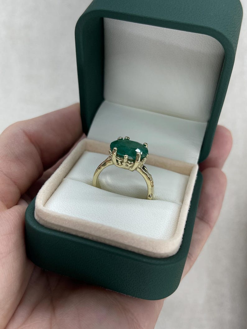 4.04ct 14K Dark Green Oval Cut Gold Organic Nugget Solitaire Ring - JR Colombian Emeralds