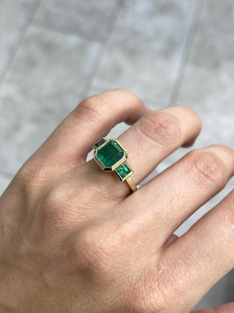4.08tcw 14K Green Asscher Cut Emerald Trilogy Ring with Princess Cut Accents - JR Colombian Emeralds