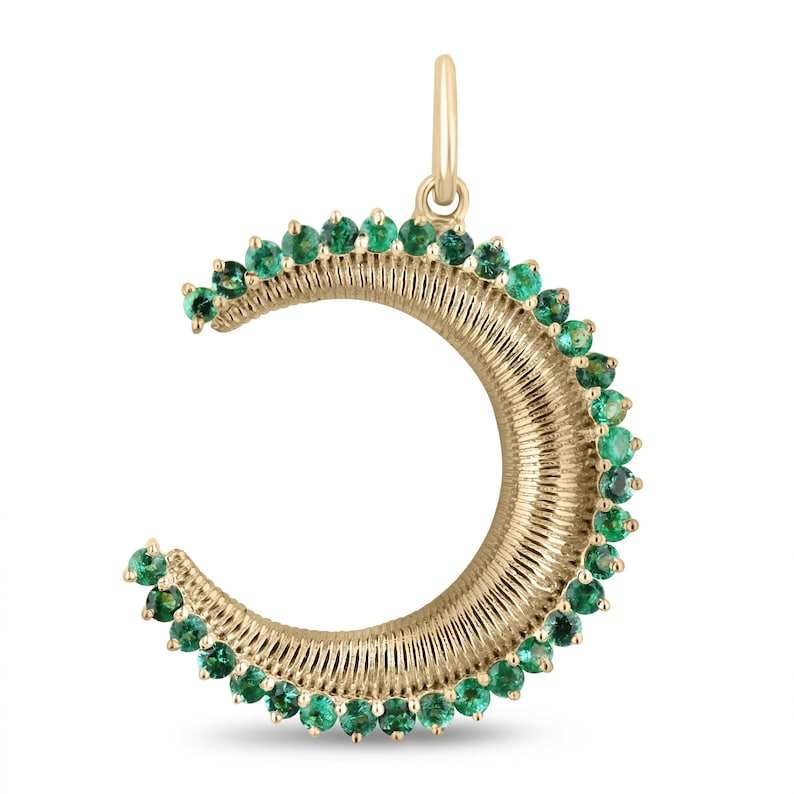 0.52tcw 14K gold crescent moon pendant with ribbed texture and vibrant round emerald pavé stones