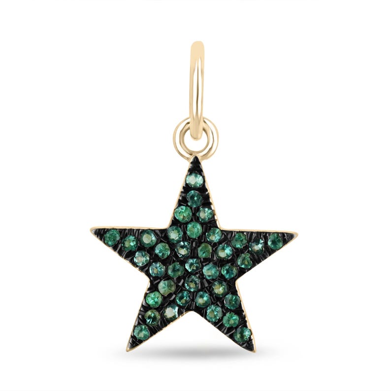 14K Black Rhodium Emerald Star Pendant – Round Cut Vivid Emerald Charm, 0.20tcw