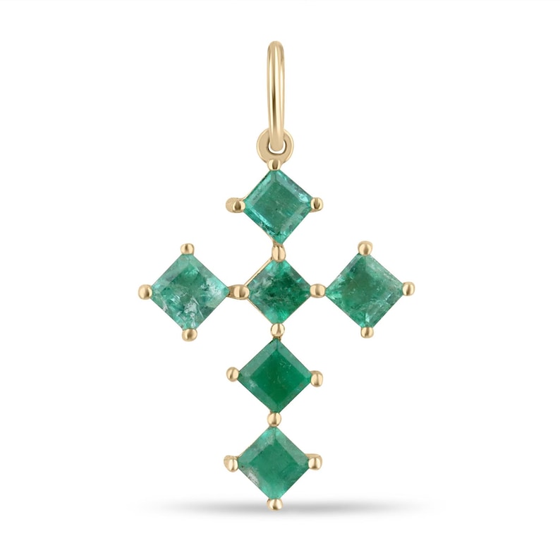14K Gold Princess Cut Emerald Cross Pendant – Medium Green Natural Gemstone Design