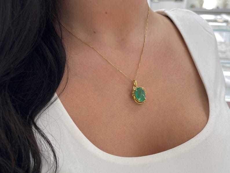 7.97tcw 14K Medium Green Oval Colombian Emerald & Diamond Accent Floral Pendant - JR Colombian Emeralds