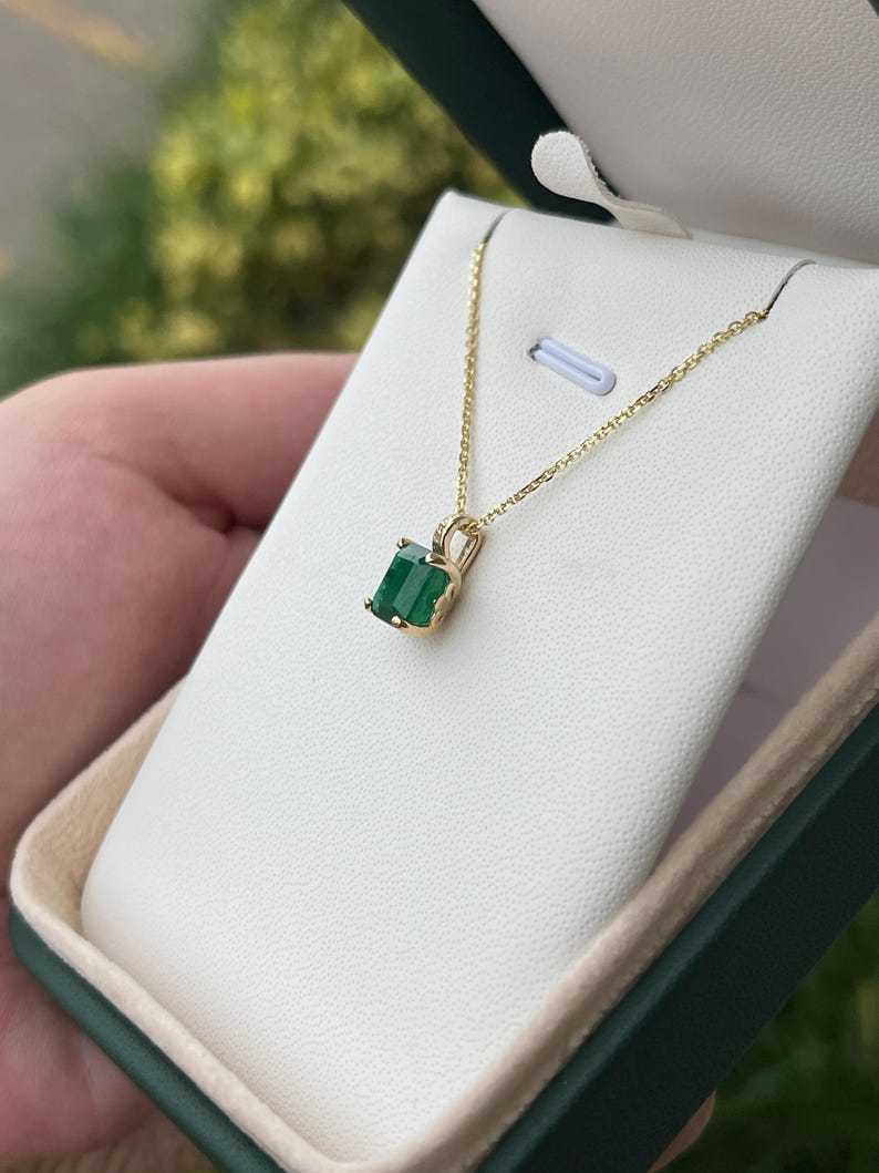 2.0ct 14K Deep Dark Green Emerald Cut Emerald Pendant Prong Set Necklace - JR Colombian Emeralds