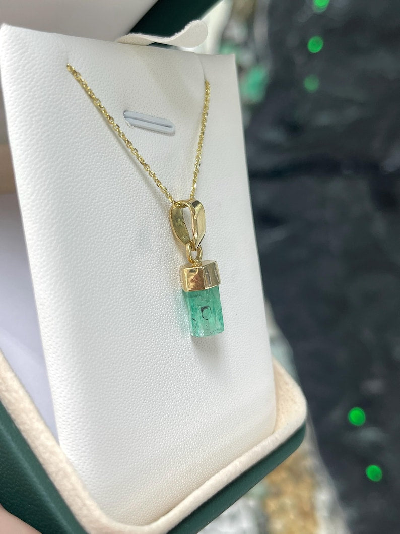 3.11ct 18K Yellow Gold Colombian Green Rough Emerald Terminated Pendant
