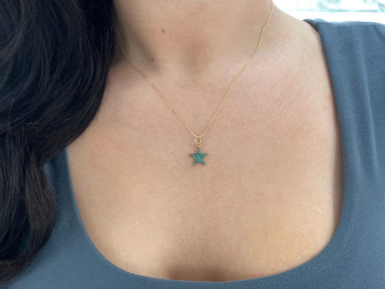 0.20tcw 14K Emerald Star Charm Pendant Black Rhodium Round Cut Vivid Emerald Pendant - JR Colombian Emeralds