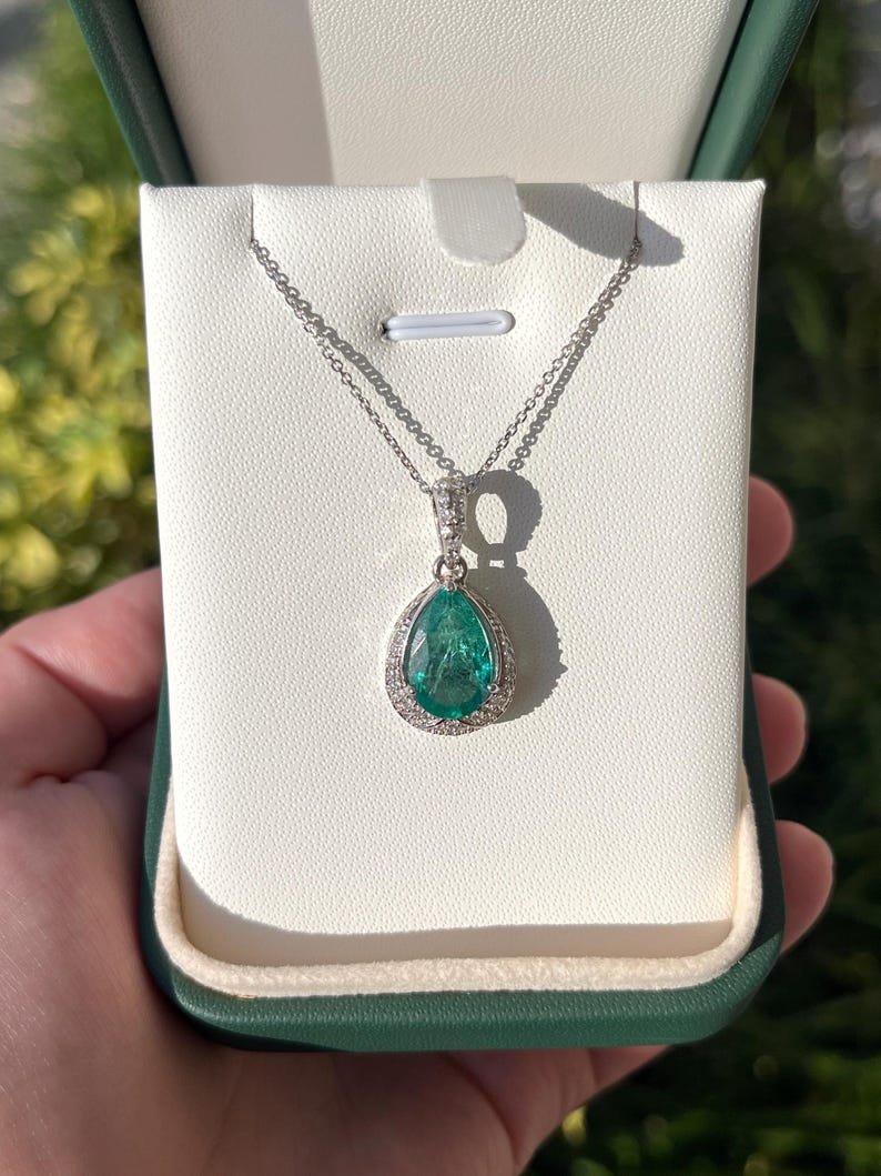 3.37tcw 14K Natural Pear Cut Emerald & Diamond Accent Pendant Necklace Bluish Green White Gold Floral Setting - JR Colombian Emeralds