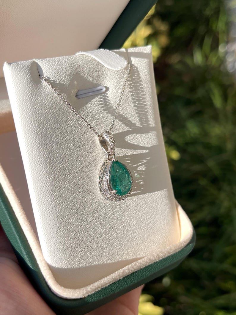 3.37tcw 14K Natural Pear Cut Emerald & Diamond Accent Pendant Necklace Bluish Green White Gold Floral Setting - JR Colombian Emeralds