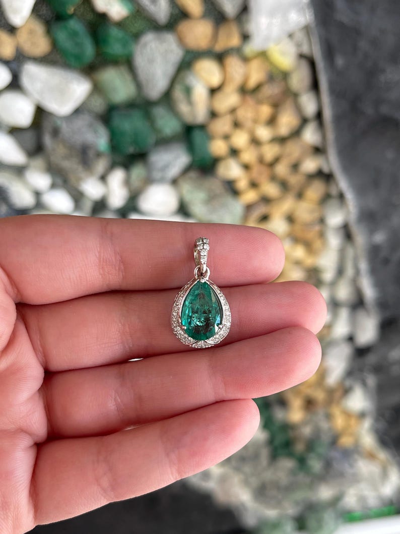 3.37tcw 14K Natural Pear Cut Emerald & Diamond Accent Pendant Necklace Bluish Green White Gold Floral Setting - JR Colombian Emeralds