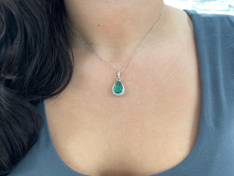 3.37tcw 14K Natural Pear Cut Emerald & Diamond Accent Pendant Necklace Bluish Green White Gold Floral Setting - JR Colombian Emeralds