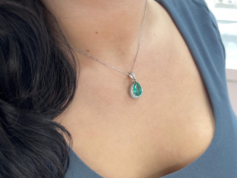 3.37tcw 14K Natural Pear Cut Emerald & Diamond Accent Pendant Necklace Bluish Green White Gold Floral Setting - JR Colombian Emeralds