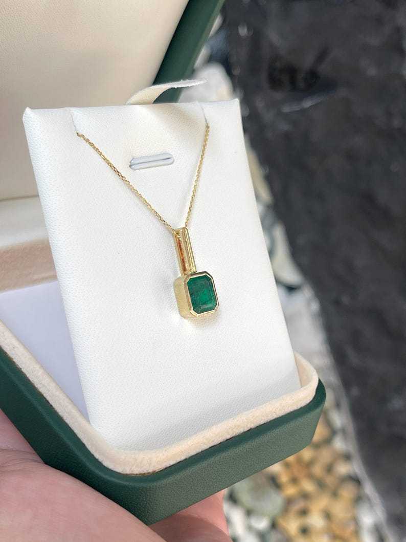 Rich Forest Green 2.58ct Emerald Bezel Pendant, 14K North-South Setting