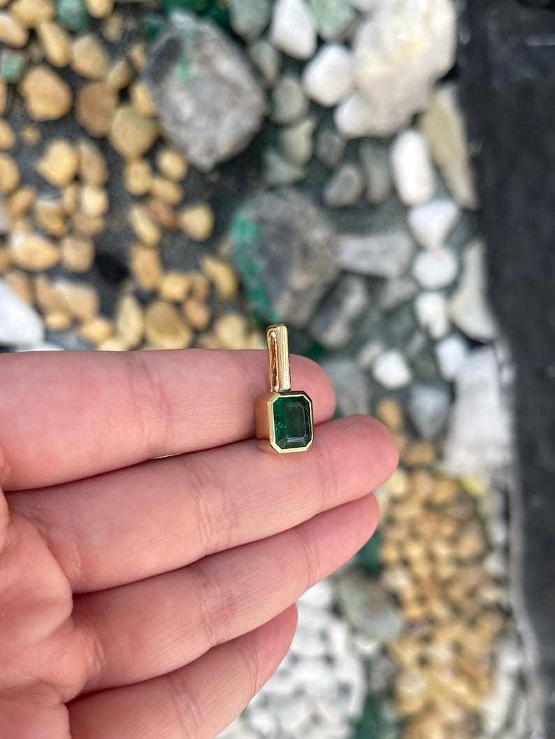 2.58ct 14K Rich Forest Green Emerald Bezel Solitaire Pendant Emerald Cut Emerald North-South Bezel Set - JR Colombian Emeralds