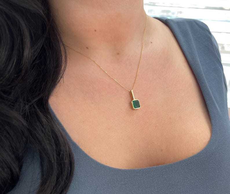 2.58ct 14K Rich Forest Green Emerald Bezel Solitaire Pendant Emerald Cut Emerald North-South Bezel Set - JR Colombian Emeralds