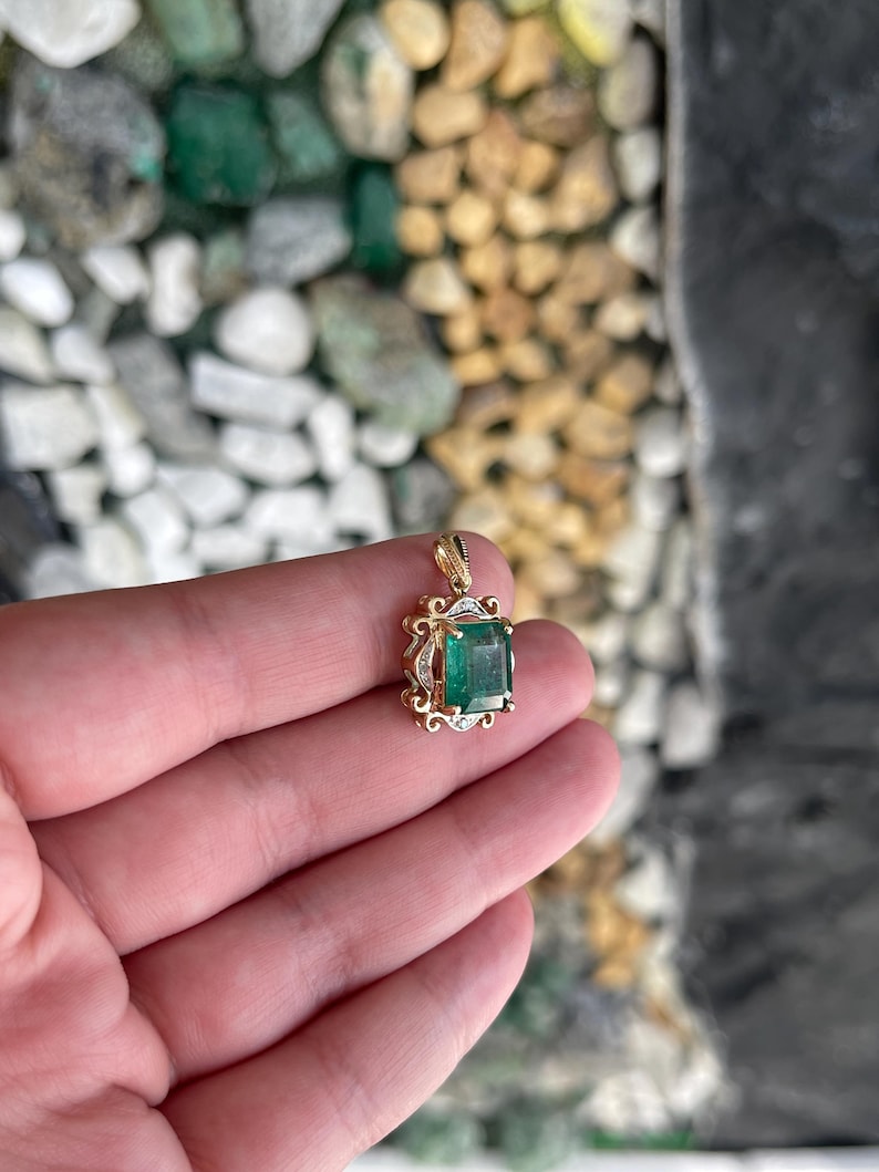 3.06tcw 14K Natural Emerald Cut Emerald & Diamond Accent Vintage Emerald Prong Set Pendant Necklace - JR Colombian Emeralds