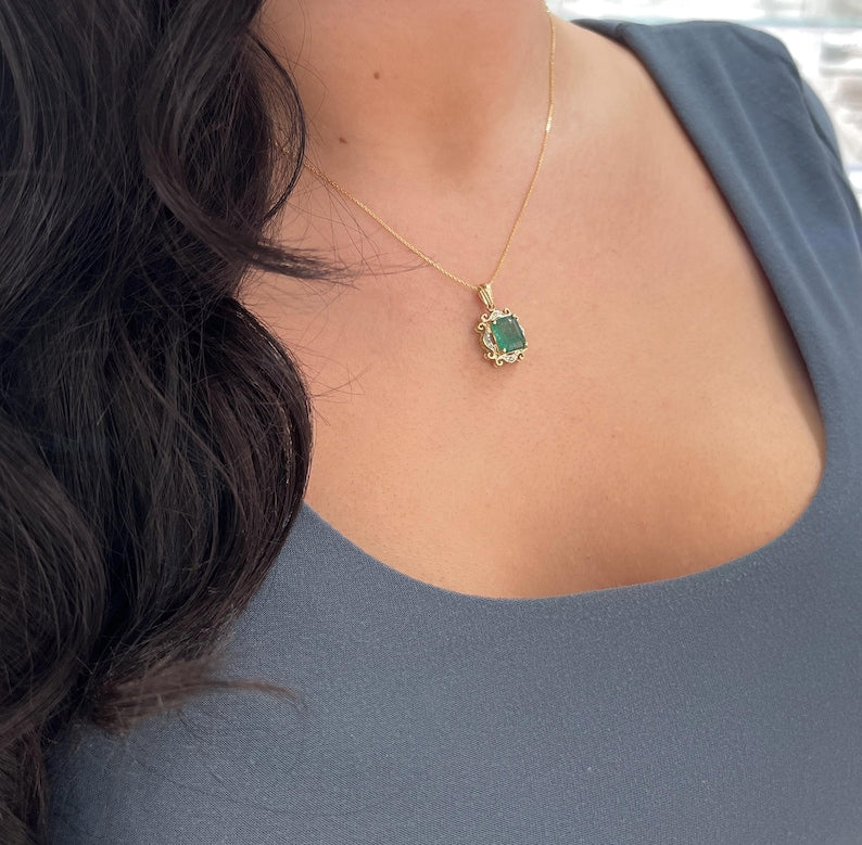 3.06tcw 14K Natural Emerald Cut Emerald & Diamond Accent Vintage Emerald Prong Set Pendant Necklace - JR Colombian Emeralds