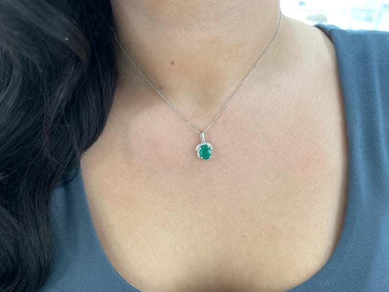 2.29tcw 14K Natural Oval Emerald & Diamond Accent Lush Rich Green Round Diamond Floral Pendant - JR Colombian Emeralds