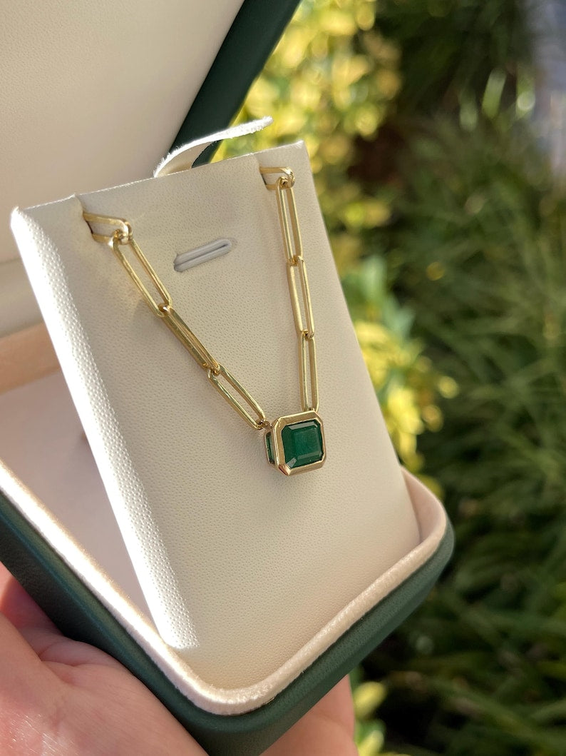 2.58 Carat East-West Natural Dark Green Emerald Paperclip Stacking Necklace 14K - JR Colombian Emeralds
