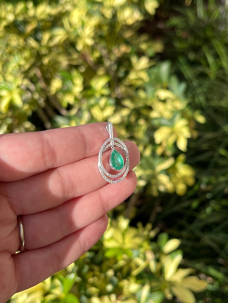 2.40tcw 14K Pear Cut Emerald & Duo Diamond Halo Lush Green Pendant Necklace - JR Colombian Emeralds
