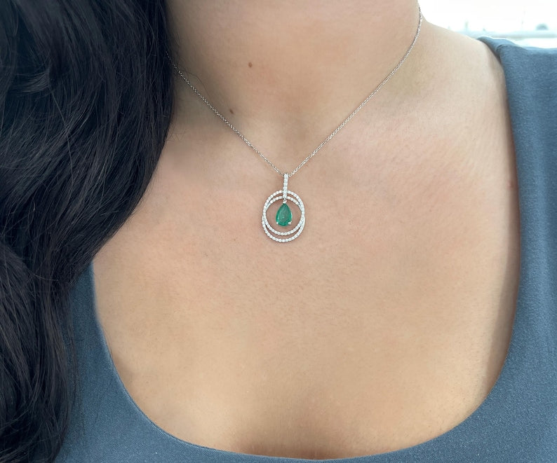 2.40tcw 14K Pear Cut Emerald & Duo Diamond Halo Lush Green Pendant Necklace - JR Colombian Emeralds