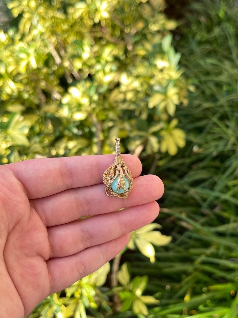 6.80-Carat Cabochon Nugget Cage Pendent Free Floating Earth Mined Emerald 14K Yellow Gold Pendant - JR Colombian Emeralds