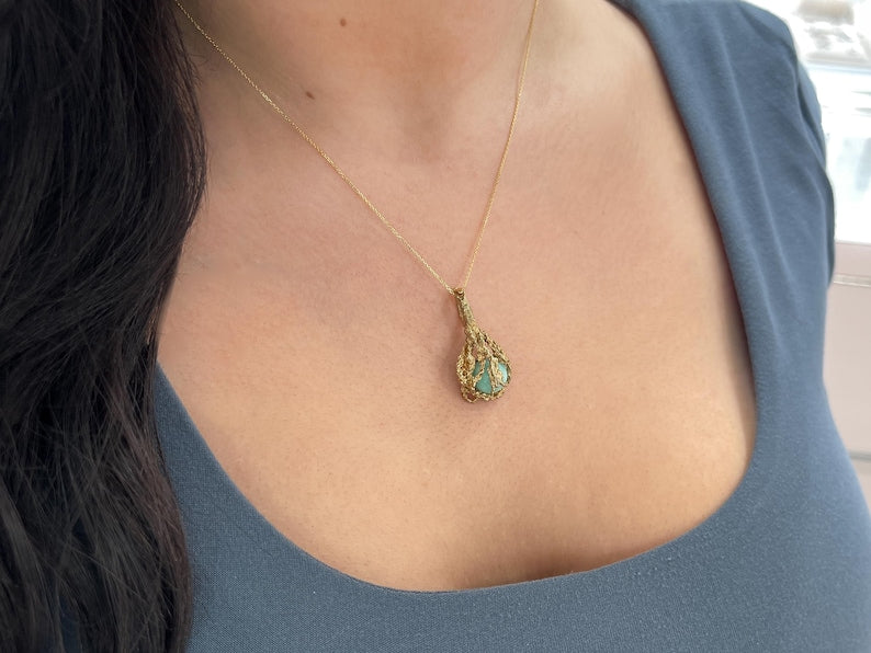 6.80-Carat Cabochon Nugget Cage Pendent Free Floating Earth Mined Emerald 14K Yellow Gold Pendant - JR Colombian Emeralds