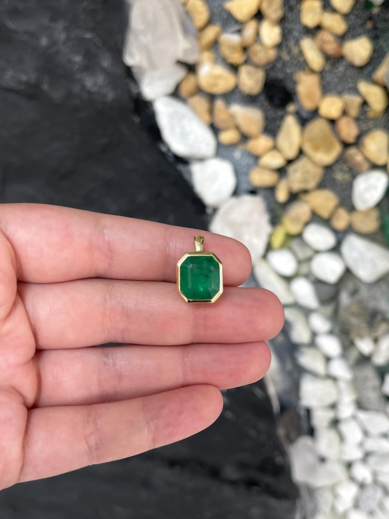 6.40ct 14K Rich Green Emerald Cut Emerald Solitaire Slider Bezek Pendant - JR Colombian Emeralds
